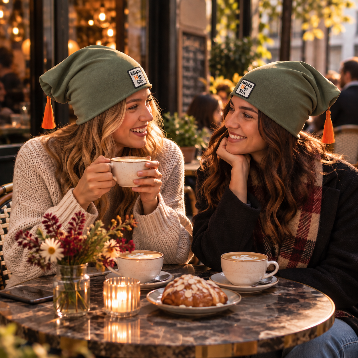 Oliwkowa czapka beanie z pomarańczowym chwostem MistaHipsta Olive Orange w stylizacji – zdjęcie poglądowe