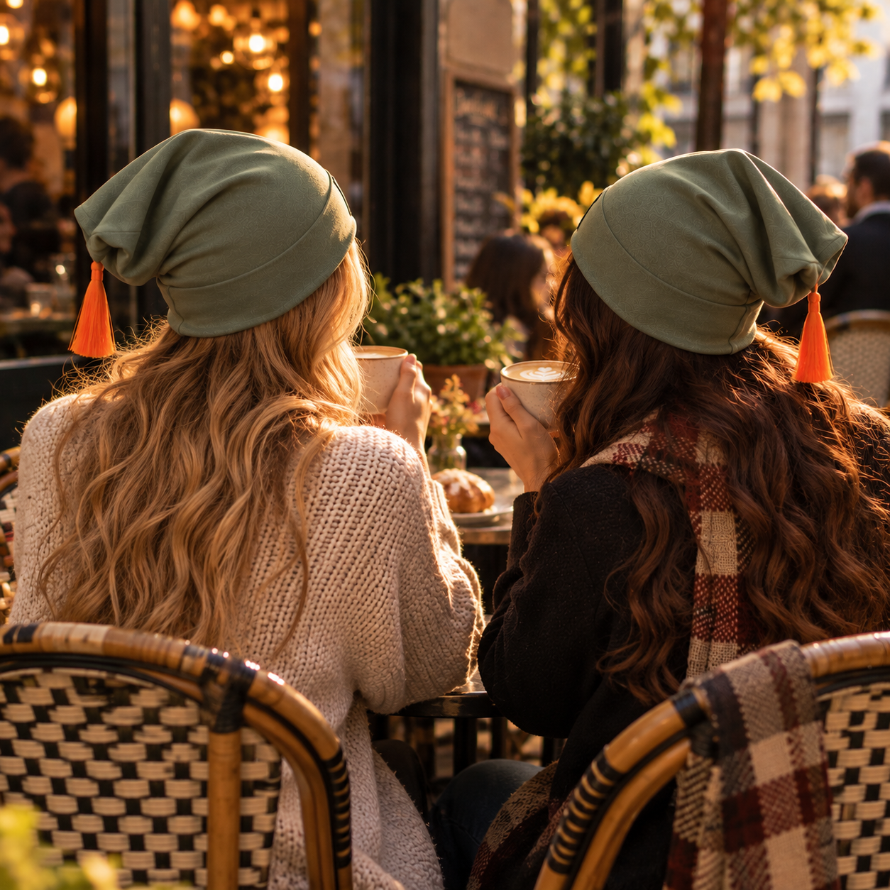 Oliwkowa czapka beanie z pomarańczowym chwostem MistaHipsta Olive Orange w stylizacji – zdjęcie poglądowe