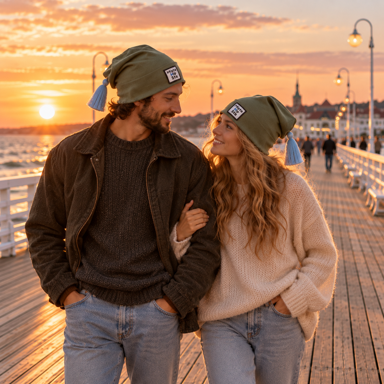 Oliwkowa czapka beanie z błękitnym chwostem MistaHipsta Olive Blue w stylizacji – zdjęcie poglądowe